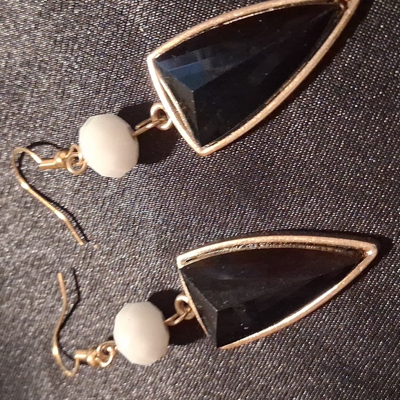 Black Geometric, Gold Over 925 Dangle Hooks Earrings . - Picture 2 of 9